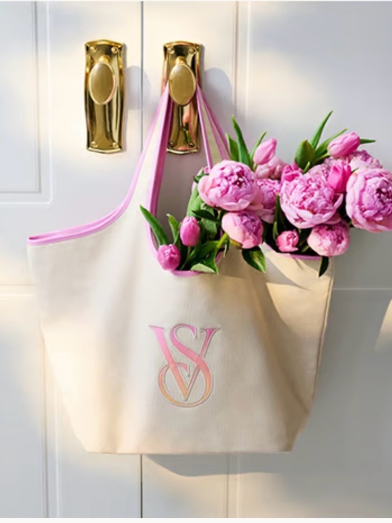 Victoria's Secret Handbags - Victoria's Secret Beige Canvas Tote with Pink Trim